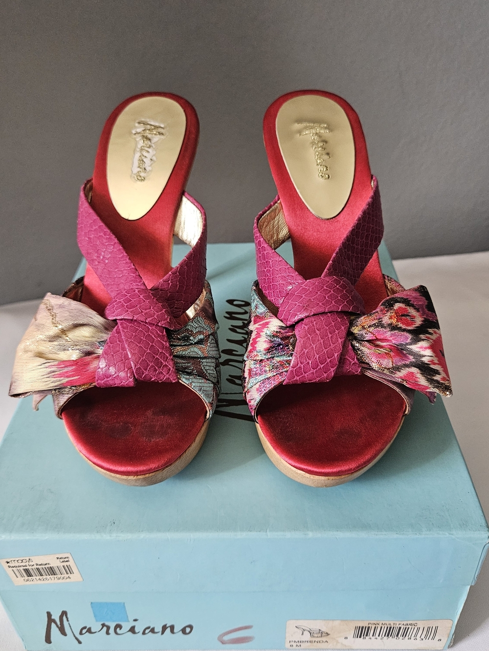 Marciano Fuchsia Pink Multicolor Knotted Bow Slide Heels